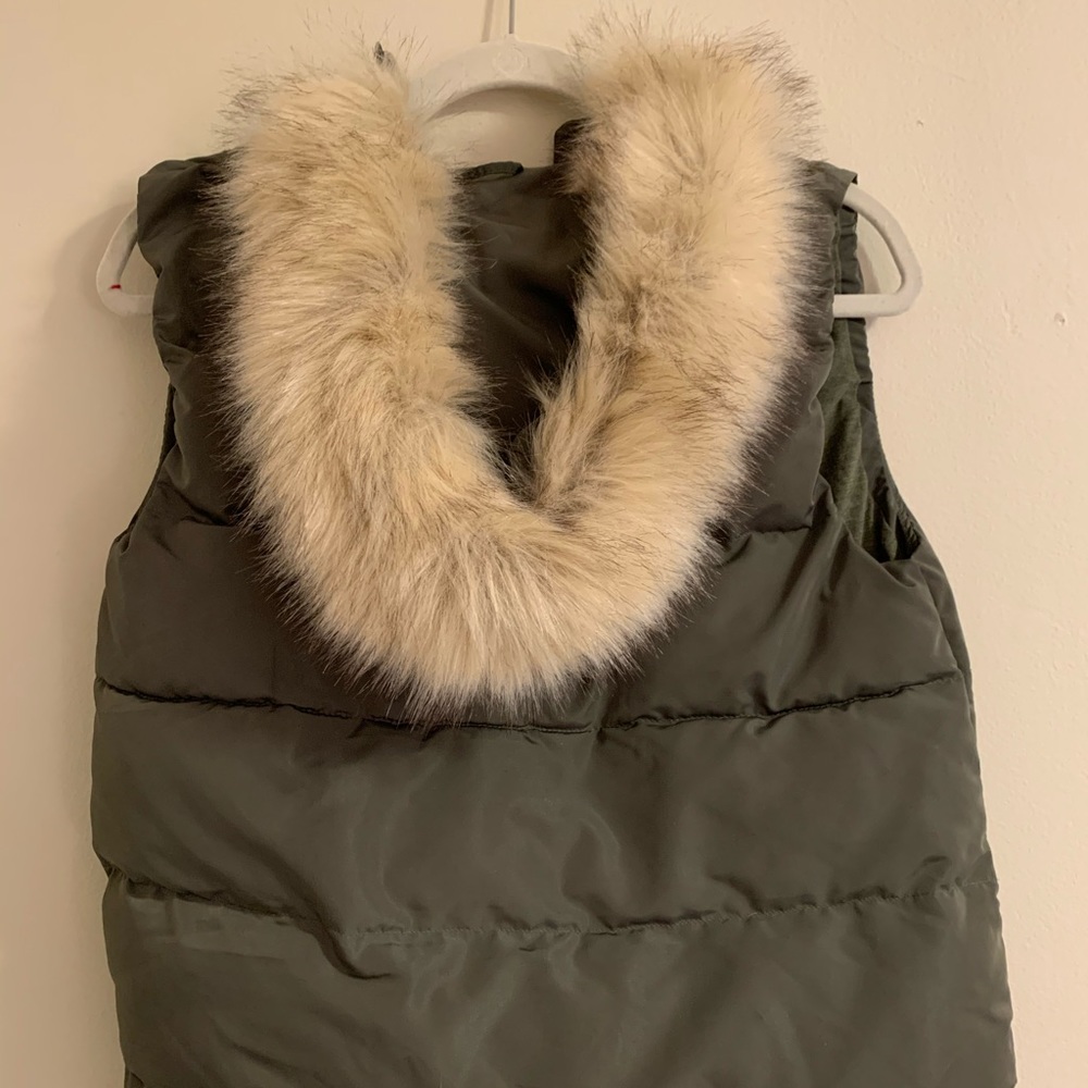 Olive green puffer vest with faux fur hood